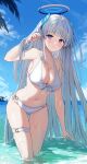  1girl absurdly_long_hair absurdres arm_up bikini blue_archive blue_sky breasts cleavage cloud day halo headgear highres kuuhaku_(wutt5584) leaning_forward long_hair looking_at_viewer navel noa_(blue_archive) ocean outdoors purple_eyes sky solo stomach swimsuit thigh_strap very_long_hair wading water wet wet_hair white_bikini white_hair 