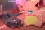 3:2 annoyed anthro black_body black_fur blue_eyes cattiva duo feral fur generation_5_pokemon grin hi_res hirochanu nintendo pal_(species) palworld pink_body pink_fur pokemon pokemon_(species) smile smug zorua