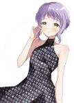  1girl :o absurdres bare_arms bare_shoulders black_dress blush circle dress highres idolmaster idolmaster_million_live! looking_ahead makabe_mizuki patterned_clothing purple_hair shinagawa_chii short_hair sidelocks sleeveless sleeveless_dress solo 