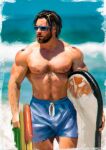  1boy abs absurdres bara beach beard_stubble blue_male_swimwear check_copyright copyright_request facial_hair hairy highres large_pectorals male_swimwear mature_male muscular muscular_male navel navel_hair nipples original painterly pectorals solo sparse_arm_hair sparse_chest_hair stomach stubble sunglasses topless_male unfinished yueliang_lian_(1570050215) 