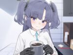  1girl aqua_necktie black_gloves blue_archive blue_eyes blue_hair coffee coffee_mug collared_shirt cup gloves halo highres holding holding_cup indoors light_blush long_hair looking_at_viewer mechanical_halo mochirong mug necktie office_lady shirt solo twintails white_shirt yuuka_(blue_archive) 