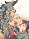  1girl animal_ear_fluff animal_ears black_garter_straps black_ribbon black_thighhighs breasts cleavage commentary_request garter_straps green_eyes green_hair hair_between_eyes hair_ribbon holding kuromiya kuromiya_raika large_breasts long_hair looking_at_viewer multicolored_hair open_mouth orange_hair original ribbon sitting solo thighhighs thighs translation_request twitter_username two-tone_hair 