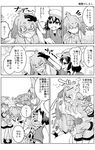  &gt;_&lt; 3girls :d ? animal_ears bag blush bowing closed_eyes comic commentary_request embarrassed flying_sweatdrops greyscale half-closed_eyes hand_on_another's_head hat head_wings kaban_(kemono_friends) kemono_friends lucky_beast_(kemono_friends) monochrome multiple_girls open_mouth petting serval_(kemono_friends) serval_ears serval_print shaking_head shoebill_(kemono_friends) smile smug speech_bubble surprised sweatdrop translation_request trembling yuugo_(atmosphere) 
