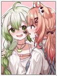  2girls absurdres ahoge animal_ear_fluff animal_ear_piercing animal_ears apron blue_apron blush braid cat_ears cat_girl chocolate chocolate_on_face commission facial_mark ferret_ears ferret_girl food food_on_face green_eyes green_hair hair_ribbon highres imminent_face_licking laimu_(vtuber) lime_necklace long_hair multicolored_hair multiple_girls orange_hair piercing pink_background pink_sweater pointy_nose red_eyes ribbon second-party_source shyrei_faolan simple_background single_braid skeb_commission smile sweater tongue tongue_out two-tone_hair u_da_desu vinesauce virtual_youtuber vyugen whisker_markings white_apron white_hair white_sweater yuri 