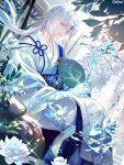  1boy bamboo blue_eyes chain_paradox colored_eyelashes copyright_name crystallization feet_out_of_frame fish flower_knot glint goldfish hair_between_eyes hand_fan hand_up highres holding holding_fan horns ice ice_flower ice_horns japanese_clothes kimono kino_setsuna koro_marui long_hair long_sleeves looking_at_viewer low_ponytail male_focus paper_fan parted_lips plant purple_eyes rock sash single_horn sitting soaking_feet solo sparkle uchiwa water water_drop water_lily_flower waterfall white_hair white_kimono wide_sleeves 