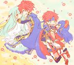  2girls aqua_hair armor armored_boots belt blue_eyes blue_hair blush boots bracelet cape capelet chibi couple dress eliwood_(fire_emblem) face-to-face father_and_son fingerless_gloves fire_emblem fire_emblem:_fuuin_no_tsurugi fire_emblem:_rekka_no_ken fire_emblem_heroes flower gloves hair_ornament hand_on_another's_cheek hand_on_another's_face hat headband hetero jewelry kappaman lilina long_hair long_sleeves mamkute mother_and_son multiple_boys multiple_girls ninian open_mouth red_eyes red_hair robe roy_(fire_emblem) shoes short_sleeves skirt smile spiked_hair traditional_media 