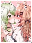  2girls absurdres ahoge animal_ear_fluff animal_ear_piercing animal_ears apron bare_shoulders blue_apron blush braid cat_ears cat_girl commission facial_mark ferret_ears ferret_girl green_eyes green_hair hair_ribbon highres kiss laimu_(vtuber) lime_necklace long_hair multicolored_hair multiple_girls orange_hair pink_background pink_sweater pointy_nose red_eyes ribbon second-party_source shyrei_faolan simple_background single_braid skeb_commission sweater two-tone_hair u_da_desu vinesauce virtual_youtuber vyugen whisker_markings white_apron white_hair white_sweater yuri 