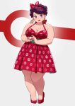 1girl akina_bbw bare_legs bare_shoulders blush bow breasts brown_hair cleavage commission dot_nose dress earrings eyeliner grey_background hair_bow hairband high_heels highres holding jewelry large_breasts legs_together lipstick looking_at_viewer makeup medium_dress mole mole_on_breast original plump poke_ball pokemon purple_eyes red_bow red_dress red_footwear red_hairband red_lips red_nails short_hair simple_background sleeveless sleeveless_dress solo standing thick_arms thick_thighs thighs 