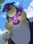  ? blue_sky cloud day dorobo_93 english_text highres hisuian_typhlosion holding looking_down no_humans outdoors pokemon pokemon_(creature) sky solo speech_bubble synchro_machine typhlosion watermark 