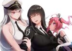  3girls absurdres angry azur_lane black_hair black_necktie breasts closed_eyes closed_mouth collared_shirt commission elbow_gloves enterprise_(azur_lane) frown glasses gloves grey_hair hat highres holding_another&#039;s_arm jealous large_breasts long_hair long_sleeves looking_at_another multiple_girls necktie open_mouth pink_hair purple_eyes rororo saratoga_(azur_lane) shirt simple_background sleeveless small_breasts smile standing twintails white_background white_gloves white_shirt 
