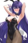  1girl animal_ears armpits arms_behind_head black_bow black_bowtie black_leotard blush bow bowtie breasts cleavage covered_navel cowboy_shot detached_collar embarrassed genshin_impact hyunta large_breasts leotard long_hair looking_at_viewer nose_blush pantyhose playboy_bunny purple_eyes purple_hair rabbit_ears rabbit_tail raiden_shogun simple_background solo strapless strapless_leotard tail white_background wrist_cuffs 