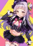  1girl blunt_bangs breasts capelet cleavage gloves grey_hair groin hair_bun hair_ornament hat highres hololive long_hair midriff murasaki_shion navel open_mouth ribbon simple_background small_breasts solo thighhighs tooo88 v virtual_youtuber witch_hat yellow_eyes 
