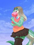 anthro black_bottomwear black_clothing black_legwear black_skirt blue_eyes bottomwear brown_hair candy clothed clothing corzh77 cotton_candy crocodilian dessert female food gradient_hair gradient_topwear green_body green_scales hair hi_res holding_candy holding_cotton_candy holding_food holding_object legwear licking licking_lips licking_own_lips long_hair looking_at_viewer mouth_closed multicolored_clothing multicolored_topwear orange_clothing orange_topwear pink_clothing pink_topwear portrait reptile scales scalie skirt sky solo standing tan_body tan_hair tan_scales three-quarter_portrait tongue tongue_out topwear two_tone_clothing two_tone_topwear