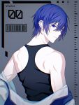  1boy bare_shoulders blue_eyes blue_hair commentary dark_blue_hair earrings from_behind grey_background hair_between_eyes highres jacket jewelry kaito_(vocaloid) looking_at_viewer looking_back male_focus multiple_piercings off_shoulder open_clothes open_jacket pale_skin piercing samecan short_hair solo stud_earrings upper_body vocaloid 