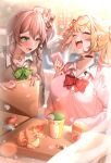  2girls ahoge black_choker blonde_hair blush bow bowtie brown_hair choker closed_eyes green_bow green_bowtie green_eyes happy highres holding holding_phone hololive hoshikawa_sara hoshikawa_sara_(4th_costume) jewelry laughing long_hair looking_at_another multiple_girls natsuiro_matsuri necklace nijisanji open_mouth phone red_bow red_bowtie side_ponytail smile twintails upper_body virtual_youtuber yuka_(mprw2324) 