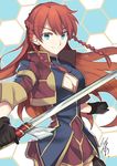  artist_name blue_eyes blush braid breasts earrings gloves highres jewelry long_hair looking_at_viewer medium_breasts nikame re:creators red_hair selesia_upitiria signature smile solo sword twin_braids weapon 