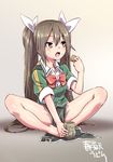  artist_name barefoot black_eyes bow bowtie brown_hair cookie cup eating food food_on_face gradient gradient_background hair_between_eyes hair_ribbon indian_style kantai_collection long_hair no_gloves open_mouth pelvic_curtain red_bow red_neckwear remodel_(kantai_collection) ribbon short_sleeves shungikuten sitting solo tone_(kantai_collection) twintails white_ribbon yunomi 