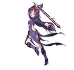  ahoge arm_up boots breasts crop_top floating_hair from_side full_body hairband high_heel_boots high_heels holding holding_sword holding_weapon long_hair looking_at_viewer official_art one_eye_closed open_mouth pointy_ears purple_footwear purple_hair purple_shorts red_eyes red_hairband short_shorts shorts simple_background small_breasts solo sword sword_art_online sword_art_online:_code_register very_long_hair weapon white_background yuuki_(sao) 