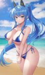  1girl arm_between_breasts beach between_breasts bikini blue_bikini blue_eyes blue_hair blue_sky blurry blush bokeh braid breasts clenched_hands closed_mouth cloud cloudy_sky commentary day depth_of_field goddess_of_victory:_nikke hair_intakes hand_on_own_chest hand_up helm_(aqua_marine)_(nikke) helm_(nikke) high_ponytail highleg highleg_bikini large_breasts lens_flare long_hair looking_at_viewer micro_bikini navel ocean outdoors ppudang side-tie_bikini_bottom sidelocks sky solo string_bikini swimsuit very_long_hair 