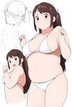  :d accio belly blush breasts brown_hair commentary_request fat hair_ribbon long_hair medium_breasts navel open_mouth original plump ribbon smile solo sweatdrop swimsuit tanuma_miyuki 