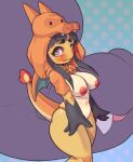 anthro big_breasts biped blush breasts clothing fingers generation_3_pokemon hi_res hitmanatee hoodie looking_at_viewer mawile nintendo nipples orange_clothing panties pokemon pokemon_(species) pupils thick_thighs topwear underwear yellow_body