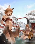  :d animal animal_ears architecture bandeau bangs bare_tree bath blue_sky blunt_bangs bracelet breasts bridge brown_eyes brown_hair brown_skirt closed_mouth cloud commentary_request day east_asian_architecture feathers fox fox_ears fox_girl hair_feathers jewelry long_hair looking_at_viewer medium_breasts midriff mountain multiple_girls navel necklace onsen open_mouth original outdoors partially_submerged pink_lips rock scenery short_hair shrine sitting skirt skirt_removed sky smile snow soaking_feet somehira_katsu standing steam tail teeth tree tribal underboob village wading water wet winter 