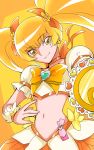  1girl blonde_hair bow breasts brooch choker closed_mouth clover_earrings collarbone commentary_request cowboy_shot crop_top cure_sunshine hair_between_eyes hair_ribbon heart heart_brooch heartcatch_precure! highres holding jewelry long_hair looking_at_viewer magical_girl meribe midriff navel orange_background orange_bow orange_choker orange_skirt precure puffy_short_sleeves puffy_sleeves ribbon shirt short_sleeves sidelocks skirt small_breasts smile solo standing twintails wrist_cuffs yellow_bow yellow_eyes yellow_shirt 
