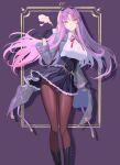  1girl absurdres black_gloves boots bow breasts coat cup curtained_hair eiyuu_densetsu floating_hair gloves hair_bow highres holding holding_cup kuro_no_kiseki kuro_no_kiseki_ii large_breasts long_hair looking_at_viewer open_clothes open_coat purple_background purple_hair renne_(eiyuu_densetsu) roman_numeral senya8833 sidelocks simple_background skirt solo steam teacup thighhighs yellow_eyes 