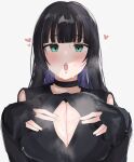  1girl absurdres black_choker black_dress black_hair blunt_bangs blush bocchi_the_rock! breasts chin_piercing choker cleavage cleavage_cutout clothing_cutout colored_inner_hair dress green_eyes heart highres hime_cut large_breasts long_hair long_sleeves ltiki multicolored_hair off_shoulder pa-san paizuri_invitation purple_hair simple_background sweat 