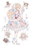  1girl animal_ears blonde_hair bow closed_eyes dress fake_animal_ears frills full_body highres lolita_fashion makeup meowlian original stuffed_animal stuffed_toy teddy_bear white_background 