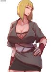  1girl aosora2823 blonde_hair blue_eyes breasts cleavage collarbone dress fishnet_top fishnets grey_dress hand_on_own_hip highres large_breasts looking_at_viewer naruto_(series) naruto_shippuuden open_mouth samui_(naruto) short_hair solo standing white_background 