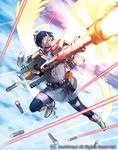  bandage_over_one_eye bandages blue_hair boots bullet cardfight!!_vanguard cloud cloudy_sky clutch_rifle_angel company_name feathered_wings feathers fingerless_gloves funbolt glasses gloves gun male_focus official_art sky solo teeth weapon wings 