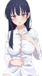  1girl absurdres black_hair boku_no_kokoro_no_yabai_yatsu breasts brown_eyes camui1104 cleavage collared_shirt highres large_breasts long_hair mole mole_on_neck shirt solo undersized_clothes white_background white_shirt yamada_anna 