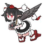  1girl belt bird_wings black_belt black_hair black_ribbon black_skirt black_wings camera collared_shirt feathered_wings frilled_skirt frills full_body geta grin hat holding holding_camera medium_hair neck_ribbon pointy_ears pom_pom_(clothes) puffy_short_sleeves puffy_sleeves red_eyes red_footwear red_headwear ribbon shameimaru_aya shinmon_akika shirt short_sleeves simple_background skirt smile socks solo tassel tengu-geta tokin_hat touhou white_background white_shirt white_socks wings 