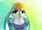  anthro avian beak big_pupils bird breasts clothed clothing cute digital_media_(artwork) female fur hi_res hybrid lagomorph looking_at_viewer mammal rabbit silver_eyes simple_background solo sonny_(rika) thousandfoldfeathers 