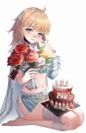  1girl aa-12_(girls&#039;_frontline) absurdres ahoge aqua_eyes bandage_on_leg bandages bandaid bandaid_on_face bandaid_on_nose blonde_hair blush bouquet cake eyebrows_hidden_by_hair food food_on_body food_on_legs full_body girls&#039;_frontline girls&#039;_frontline_neural_cloud hand_to_own_mouth highres holding holding_bouquet lind_(neural_cloud) long_hair navel parted_lips seiza sitting smile solo teeth upper_teeth_only wan3051 white_background 