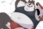 2024 anthro belly big_belly black_nose blush canid canine canis clothing domestic_dog eyes_closed hi_res humanoid_hands kemono lying male mammal navel overweight overweight_male shirt solo topwear underwear uokkom