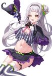  1girl arched_bangs black_gloves black_headwear breasts capelet cleavage cropped_shirt gloves grey_hair grey_shirt grey_thighhighs hair_bun hat highres hololive kag_tsukimi long_hair looking_at_viewer murasaki_shion murasaki_shion_(1st_costume) navel own_fingers_together purple_capelet purple_skirt shirt short_hair single_hair_bun skirt small_breasts smile solo striped_clothes striped_shirt striped_thighhighs thighhighs vertical-striped_clothes vertical-striped_shirt vertical-striped_thighhighs virtual_youtuber white_background witch_hat yellow_eyes 
