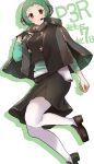  1girl arm_at_side black_capelet black_gloves black_skirt blush brown_eyes capelet commentary copyright_name countdown_illustration drop_shadow foot_out_of_frame gloves green_hair green_shirt hand_up headphones highres kurosususu long_sleeves looking_at_viewer pantyhose parted_lips persona persona_3 persona_3_reload shirt short_hair simple_background single_glove skirt solo spiked_hair tareme throat_microphone translated white_background white_pantyhose yamagishi_fuuka 