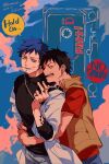  2022 2boys arm_tattoo black_hair blush cassette_tape cigarette closed_eyes commentary_request dated demorzel earphones earrings english_text facial_hair goatee hand_tattoo highres holding holding_cigarette hug hug_from_behind jewelry kiss_(rock_band) lab_coat male_focus monkey_d._luffy multiple_boys one_piece open_mouth pants red_shirt scar scar_on_cheek scar_on_face shared_earphones shirt short_hair short_sleeves smile smoke speech_bubble tattoo trafalgar_law turtleneck twitter_username yaoi yellow_eyes 