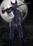 anthro armwear assassin bald bat bikerboy71399 boots breasts butt_from_the_front clothing cocky_smile covered_nipples elbow_gloves fangs female fingerless_elbow_gloves fingerless_gloves footwear full-length_portrait full_moon fur gloves glowing glowing_eyes gun handgun handwear hi_res joykill legwear leotard mammal moon navel night open_mouth pink_eyes portrait purple_body purple_clothing purple_fur ranged_weapon rifle rock smile sniper sniper_rifle solo standing teeth thigh_highs tongue umai_zakaria weapon weapon_on_shoulder zipper zipper_pull_tab