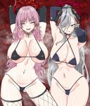  2girls alternate_costume arms_up bikini black_gloves black_horns blue_archive blue_hair breasts criss-cross_halter demon_horns elbow_gloves fishnet_thighhighs fishnets gloves grey_hair halo halterneck highres horns large_breasts long_hair makoto_(dress)_(blue_archive) micro_bikini multicolored_hair multiple_girls pink_eyes pink_hair pointy_ears sakurein satsuki_(blue_archive) streaked_hair swimsuit thighhighs thighs 