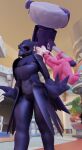 anthro beak black_sclera corviknight ewhattin feet female female/female generation_8_pokemon generation_9_pokemon hair hammer hi_res inside nintendo nude pink_body pink_hair pokeball pokemon pokemon_(species) pokemon_center purple_body red_eyes soles tinkaton tools white_hair yellow_eyes