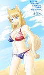  2016 anthro beach bikini black_nose blonde_hair blue_eyes canine clothed clothing cloud dog female fur hair ion-27 japanese_text looking_at_viewer mammal sand seaside sky smile solo standing swimsuit text water yellow_fur 