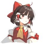  1girl :/ ascot bare_shoulders blush bow breasts brown_hair closed_mouth commentary_request cropped_torso detached_sleeves expressionless frilled_hair_tubes frilled_shirt_collar frills hair_bow hair_tubes hakurei_reimu jill_07km looking_to_the_side red_bow red_eyes red_vest short_hair signature simple_background small_breasts solo touhou upper_body vest white_background yellow_ascot 