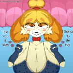 &lt;3 1:1 animal_crossing anthro armwear big_breasts bikini bikini_top blush bodily_fluids breasts clothed clothing collar colored colored_sketch detailed digital_drawing_(artwork) digital_media_(artwork) english_text eyebrows female flarethensfwartist fur hair hearts_around_text isabelle_(animal_crossing) light lighting looking_at_viewer mammal nintendo open_mouth portrait raised_eyebrow red_collar shaded shaded_sketch signature simple_background simple_shading sketch smile soft_shading solo solo_focus sweat sweatdrop sweaty_breasts swimwear text tongue tuft tufted_fur watermark