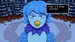 anthro avian beak bird blue_body blue_eyes blue_feathers blush_linez dialogue digital_media_(artwork) evergreen_tree feathers female happy hi_res looking_at_viewer martlet_(undertale_yellow) meme nah_i&#039;d_win parody pine_tree pixel_(artwork) pixelmateda plant sign smile snow snowflake solo style_parody text_box tree