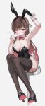  1girl animal_ears arm_up armpits bare_shoulders black_footwear black_thighhighs blush bow bowtie breasts brown_eyes brown_hair cleavage covered_navel detached_collar dot_mouth fake_animal_ears high_heels highres holding_ear kanojo_okarishimasu large_breasts long_hair looking_at_viewer mizuhara_chizuru one_eye_closed one_side_up parted_bangs playboy_bunny rabbit_ears rabbit_tail red_bow red_bowtie simple_background solo tail thighhighs tokkyu white_background white_wrist_cuffs wrist_cuffs 