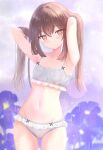  1girl :o absurdres arms_up ass_visible_through_thighs blurry blurry_background bra breasts brown_eyes brown_hair cameltoe clothes_writing commentary cowboy_shot crotch_seam day depth_of_field flower frilled_bra frilled_panties frills grey_bra grey_panties groin hand_in_own_hair highres lens_flare long_hair looking_at_viewer original outdoors overcast panties parted_lips print_bra print_panties purple_flower rain shooko sky small_breasts solo standing training_bra underwear underwear_only wet wet_bra wet_clothes wet_panties 