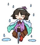  1other absurdres amanomiya_jun androgynous aqua_cape baila_kuangzi black_hair blue_umbrella blush_stickers boots bow bowtie brown_skirt cape chibi chinese_commentary closed_umbrella collared_shirt commentary_request hairband highres holding holding_umbrella len&#039;en long_sleeves no_nose open_mouth other_focus pink_shirt puddle rain red_bow red_bowtie red_footwear shirt short_hair skirt solo umbrella umbrella_hair_ornament white_hairband wide_sleeves 